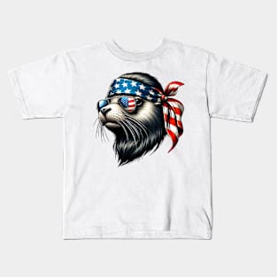 Sea Lion American USA Flag Sunglasses 4th of July Sea Lion Kids T-Shirt